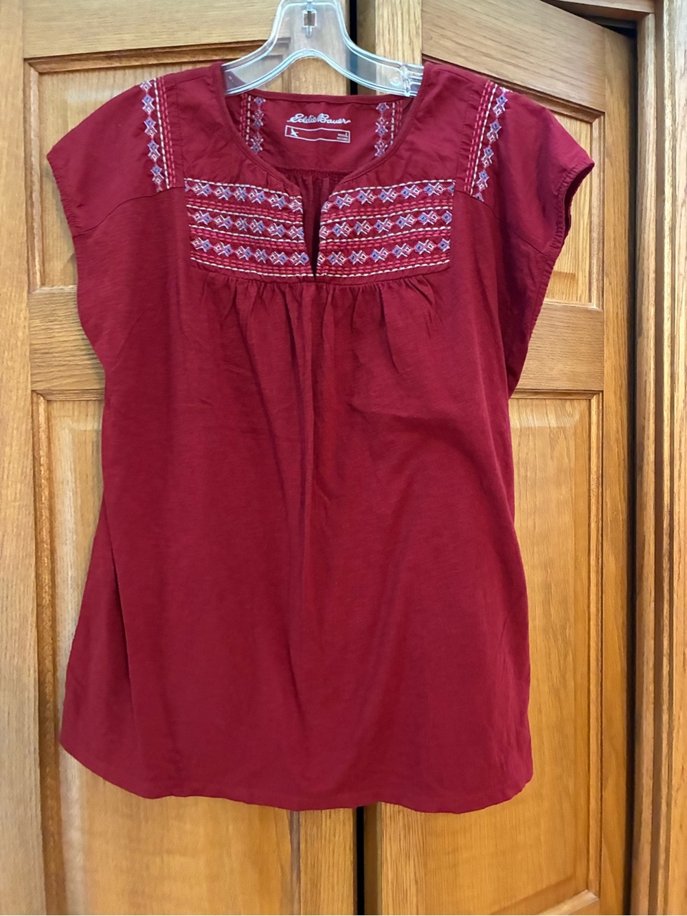 Eddie Bauer Burgundy Embroidered Cap-Sleeve Tunic